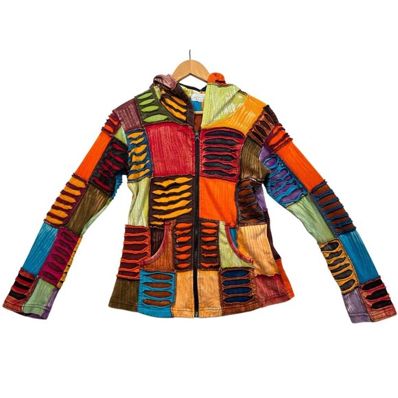 The Collection Royal Patchwork Jacket Multicolor Full Zip Hooded Nepal Women's M - Picture 1 of 6